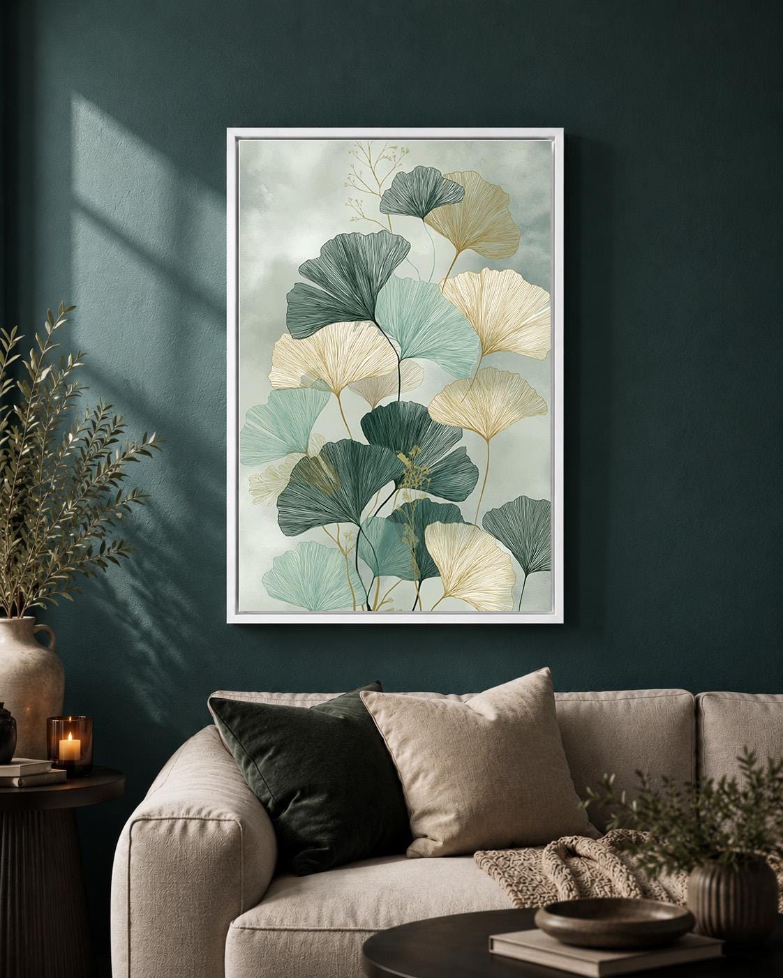 Sage Green Ginkgo Leaf Framed Canvas, Japandi Botanical Wall Art, Minimalist Nature Decor by The Wall Art Studio - physical