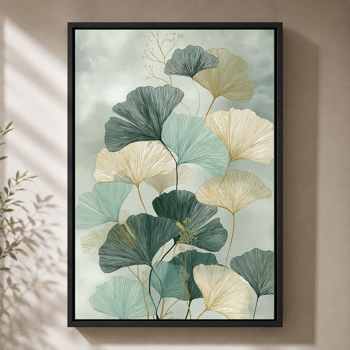 Sage Green Ginkgo Leaf Framed Canvas, Japandi Botanical Wall Art, Minimalist Nature Decor by The Wall Art Studio - physical