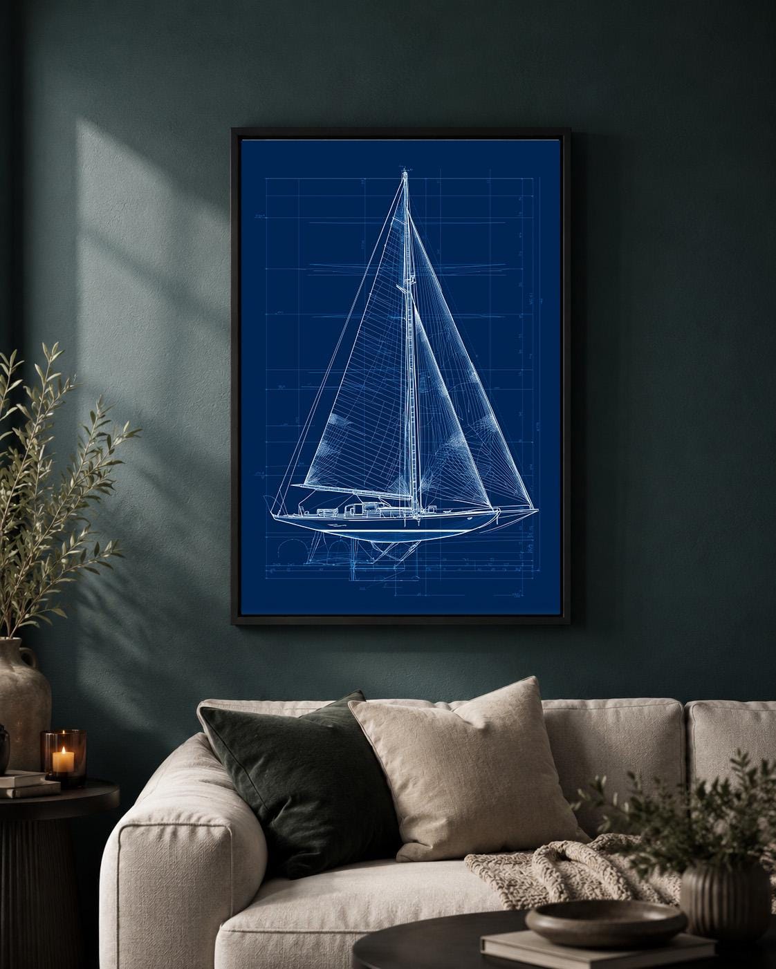 Sailboat Blueprint Framed Canvas Art, Nautical Sailing Print, Navy Yacht Patent Artwork, Coastal Decor by The Wall Art Stu...