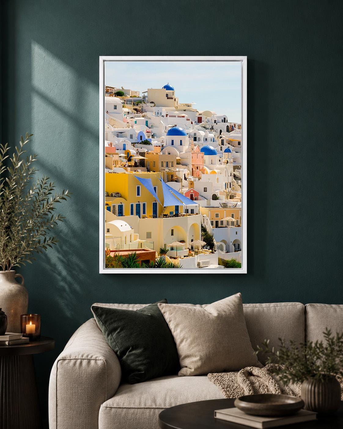 Santorini Framed Canvas Print, Greece Travel Photography, Blue Dome Mediterranean Coastal Art by The Wall Art Studio - phy...