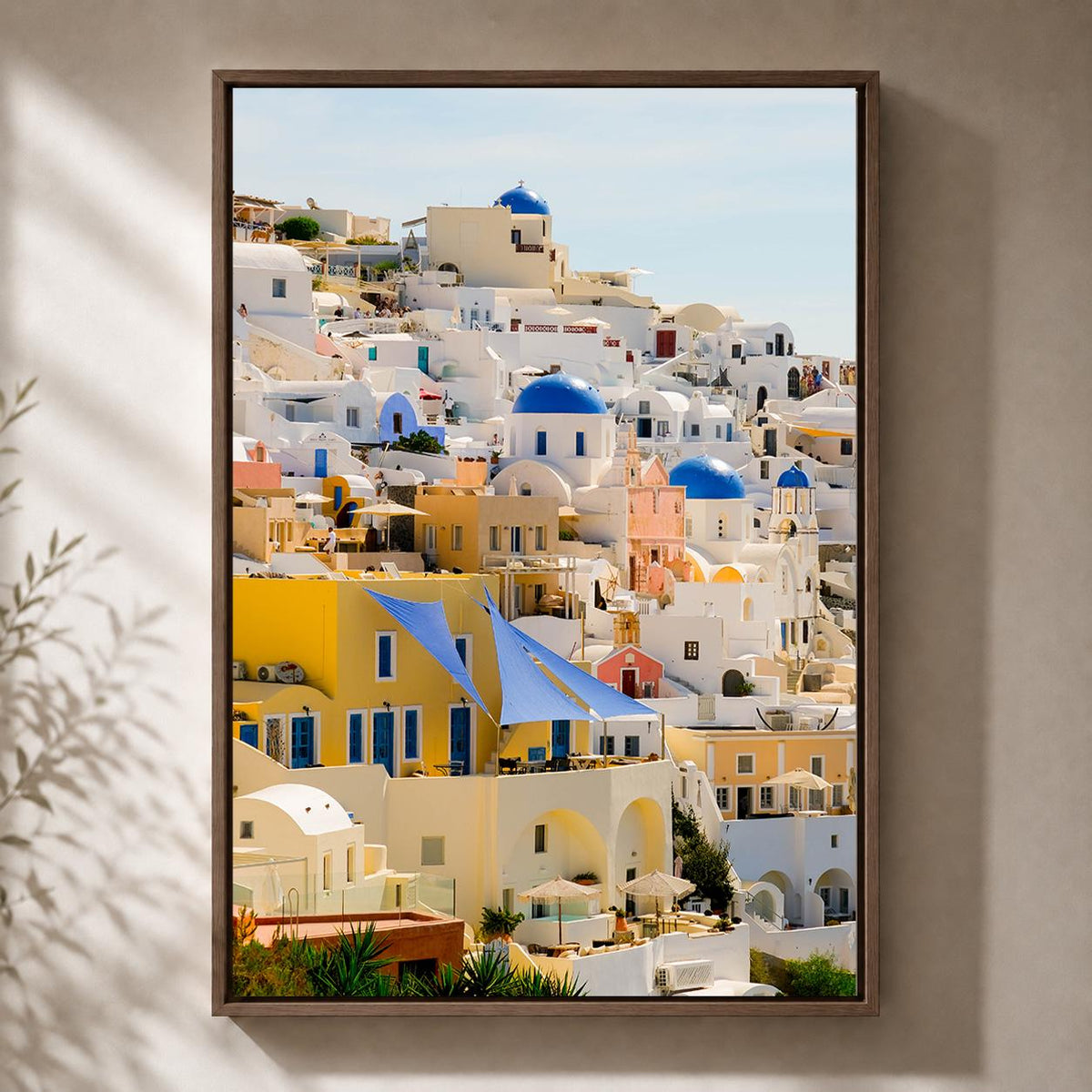 Santorini Framed Canvas Print, Greece Travel Photography, Blue Dome Mediterranean Coastal Art by The Wall Art Studio - phy...