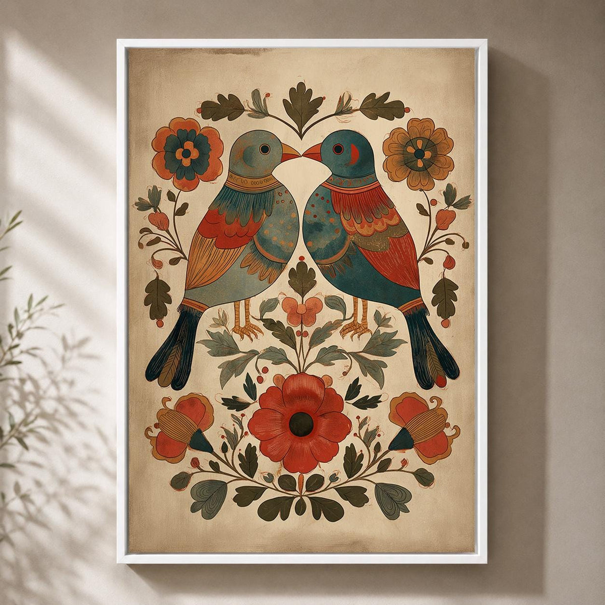 Scandinavian Folk Art Bird Framed Canvas Print, Nordic Floral Wall Decor by The Wall Art Studio - physical