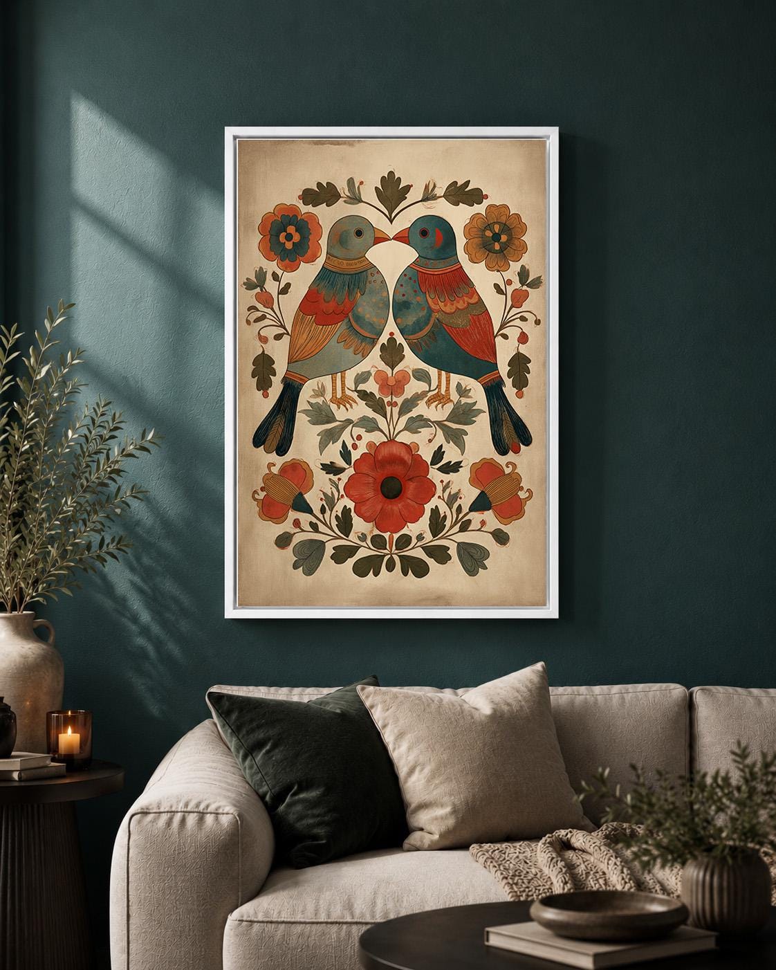 Scandinavian Folk Art Bird Framed Canvas Print, Nordic Floral Wall Decor by The Wall Art Studio - physical
