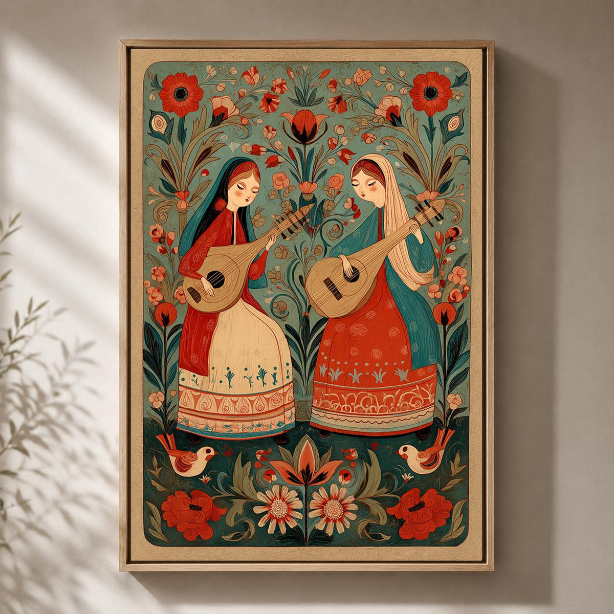 Scandinavian Folk Art Musicians Framed Canvas Print, Boho Floral Wall Decor by The Wall Art Studio - physical