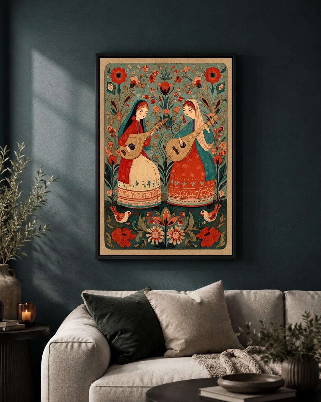 Scandinavian Folk Art Musicians Framed Canvas Print, Boho Floral Wall Decor by The Wall Art Studio - physical