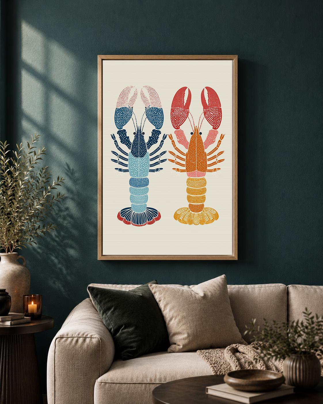 Scandinavian Lobster Folk Art Framed Canvas Print, Coastal Kitchen Decor by The Wall Art Studio - physical