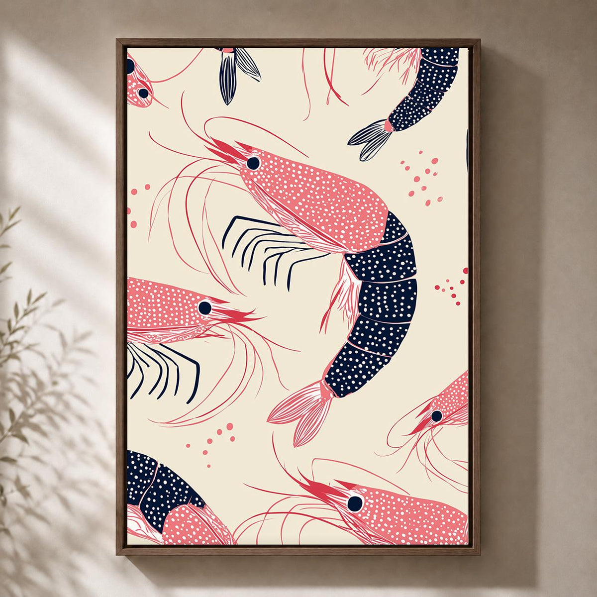 Shrimp Pattern Framed Canvas Art, Coastal Kitchen Decor, Nautical Print by The Wall Art Studio - physical