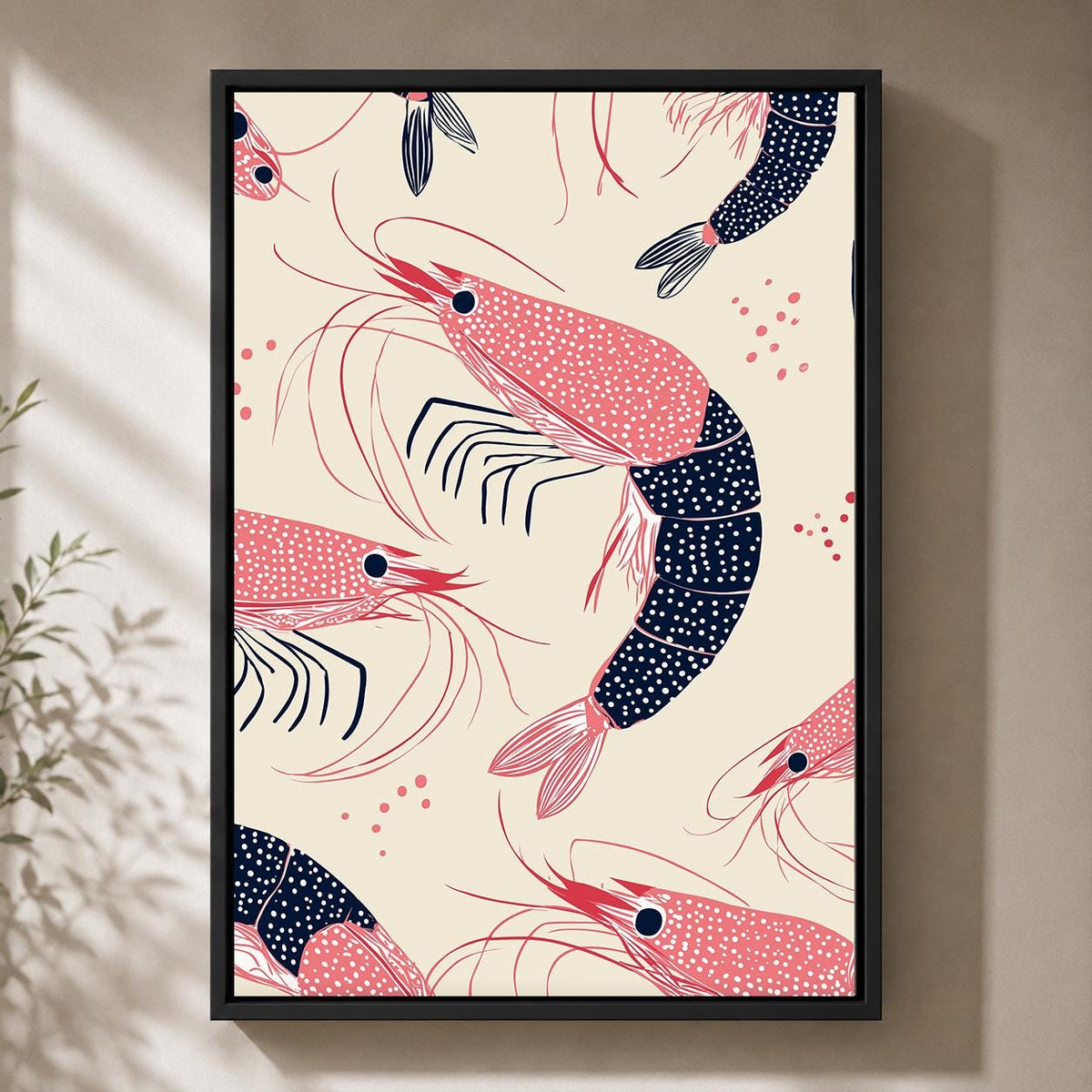 Shrimp Pattern Framed Canvas Art, Coastal Kitchen Decor, Nautical Print by The Wall Art Studio - physical