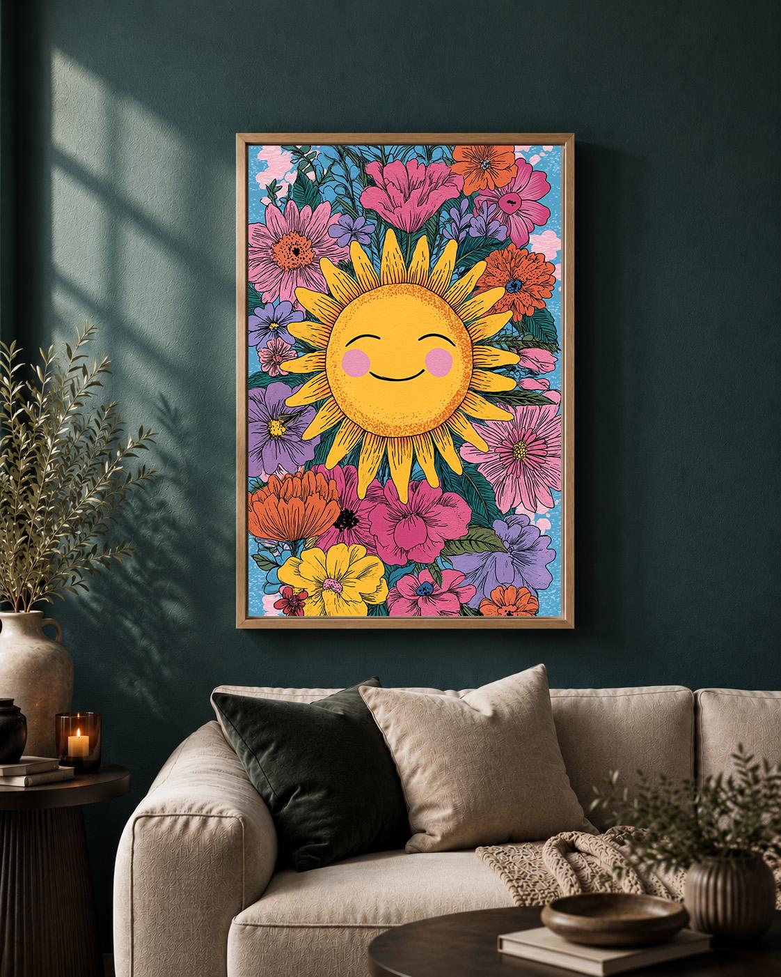 Smiling Sun Floral Framed Canvas Art, Boho Nursery Wall Decor, Children's Artwork by The Wall Art Studio - physical