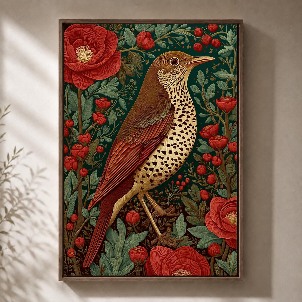 Song Thrush Framed Canvas Art, Vintage Botanical Bird Print, Cottagecore Nature Decor by The Wall Art Studio - physical
