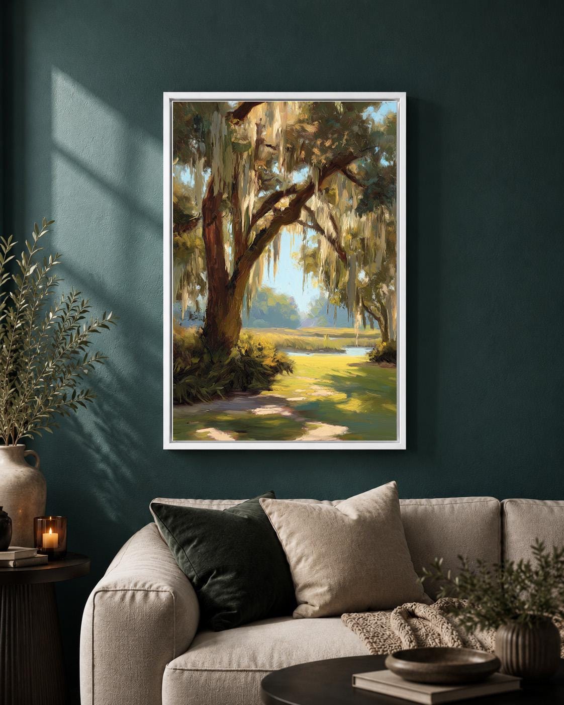 Southern Live Oak Framed Canvas Art, Lowcountry Landscape Print, Coastal Nature Decor by The Wall Art Studio - physical