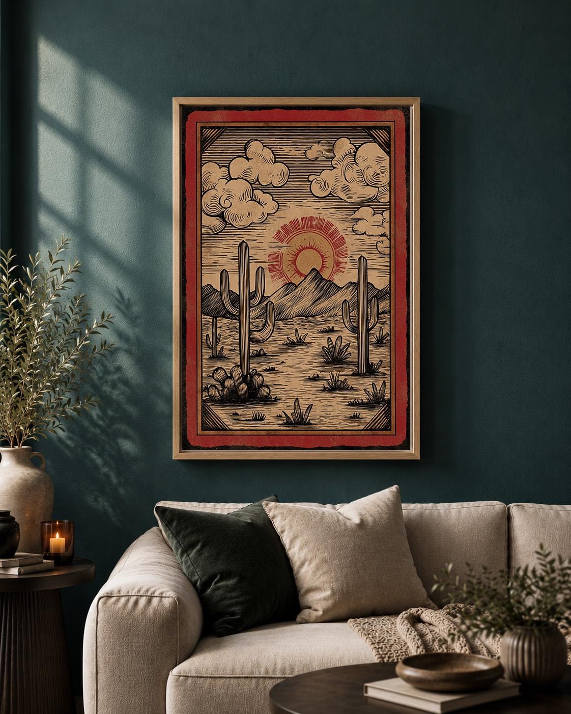 Southwest Desert Landscape Framed Canvas Art, Vintage Cactus Sunset Print by The Wall Art Studio - physical