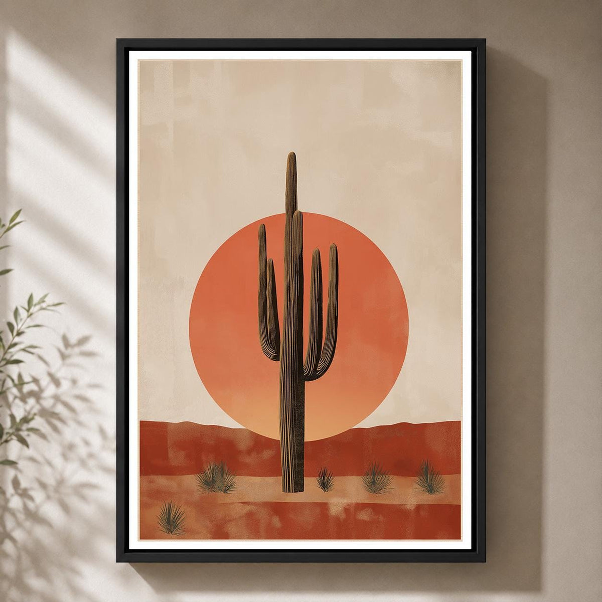 Southwest Saguaro Cactus Framed Canvas Art, Minimalist Desert Landscape Boho Decor by The Wall Art Studio - physical