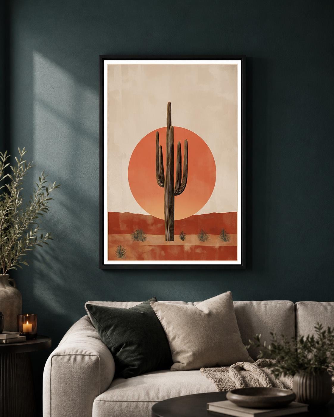 Southwest Saguaro Cactus Framed Canvas Art, Minimalist Desert Landscape Boho Decor by The Wall Art Studio - physical