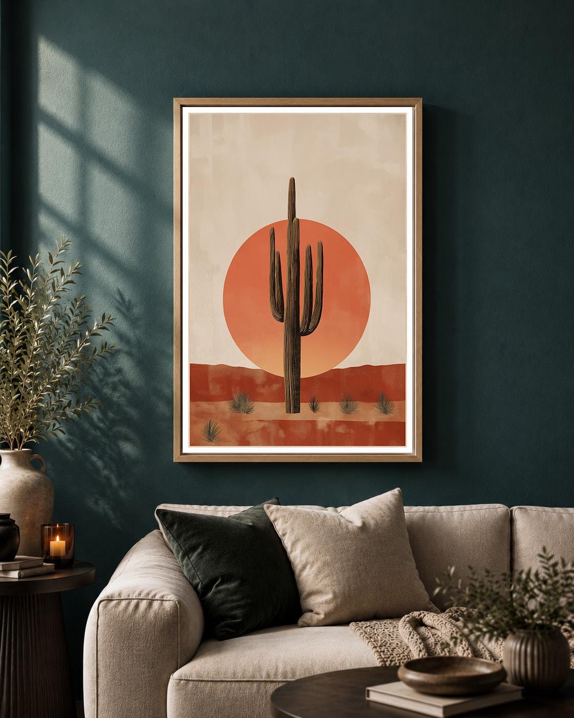 Southwest Saguaro Cactus Framed Canvas Art, Minimalist Desert Landscape Boho Decor by The Wall Art Studio - physical