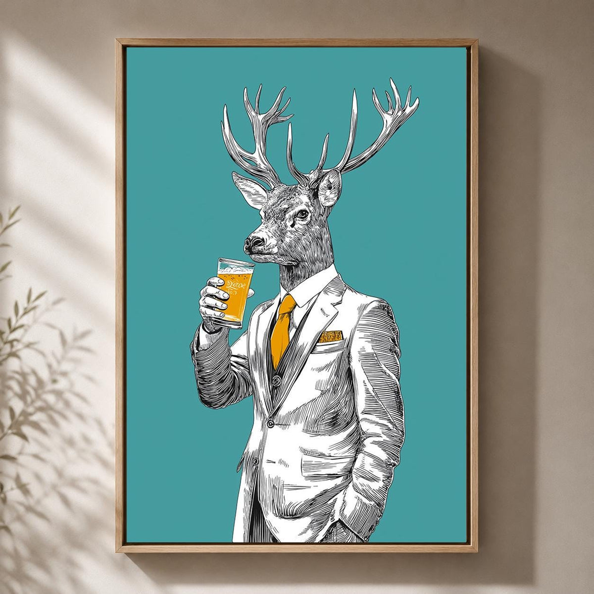 Stag with Beer Framed Canvas Art, Gentleman Animal Print, Rustic Pub Decor by The Wall Art Studio - physical