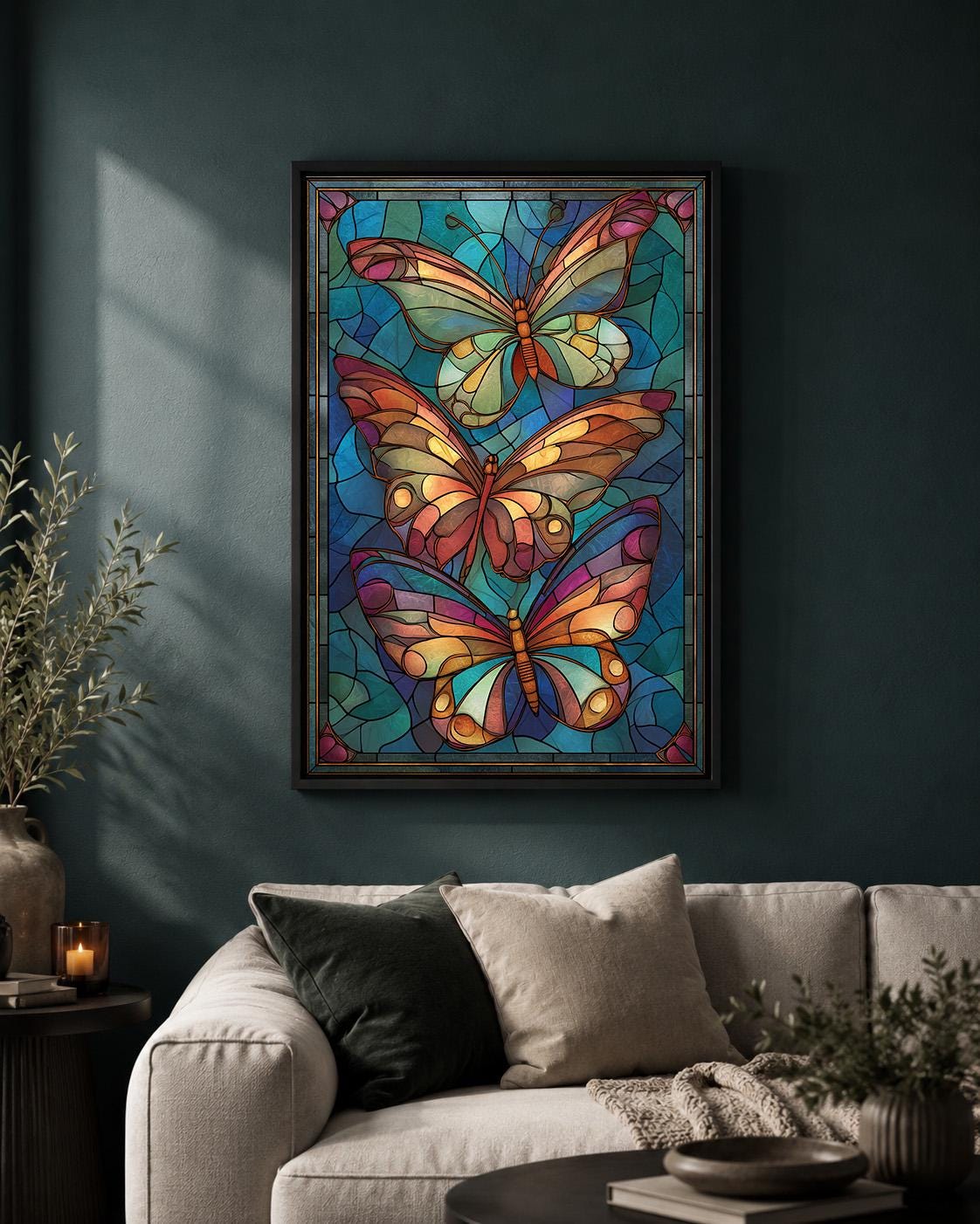 Stained Glass Butterfly Framed Canvas Art, Art Nouveau Wall Decor, Vibrant Nature Print by The Wall Art Studio - physical