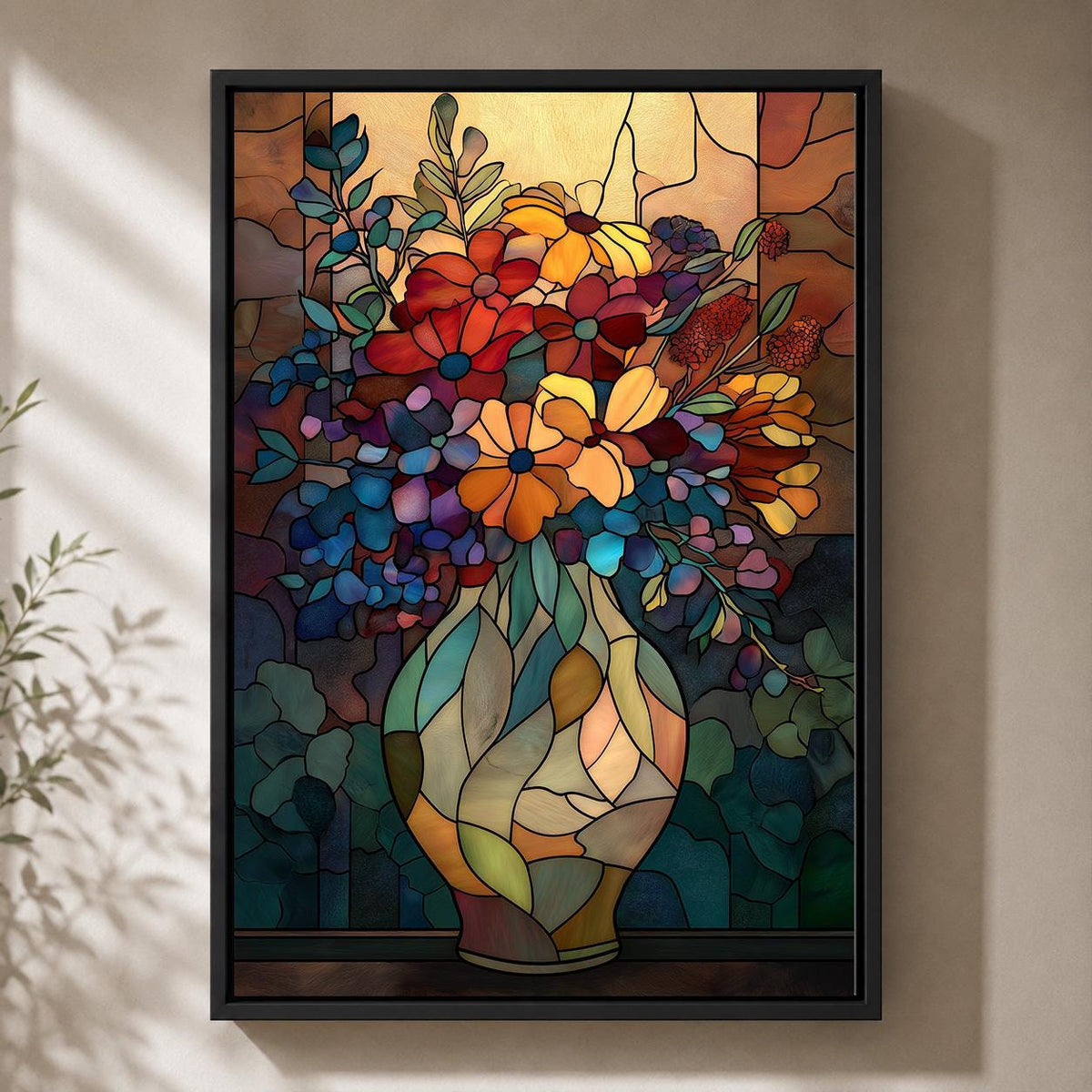 Stained Glass Floral Vase Framed Canvas Art, Art Nouveau Botanical Print, Framed Wall Decor by The Wall Art Studio - physical