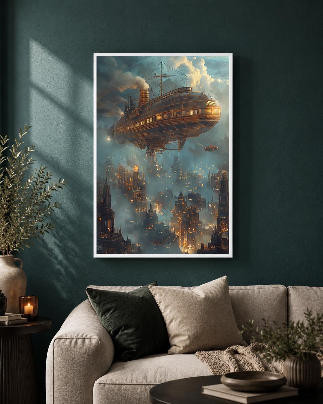 Steampunk Airship Framed Canvas Art, Futuristic Zeppelin Cityscape Print, Industrial Sci Fi Decor by The Wall Art Studio -...