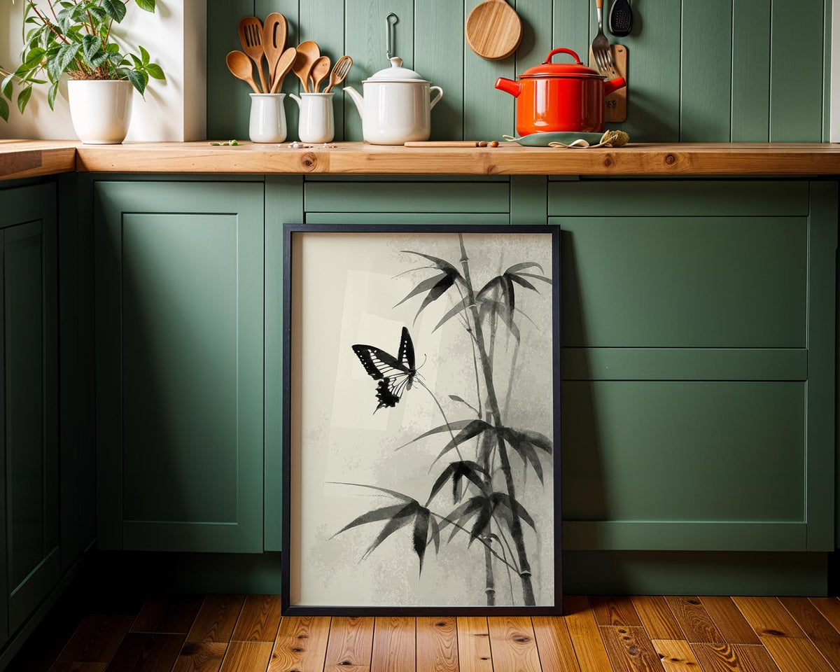 Sumi-e Butterfly Wall Art, Asian Ink Painting Print, Japandi Bamboo Décor, Japanese Ink Minimalist by The Wall Art Studio...
