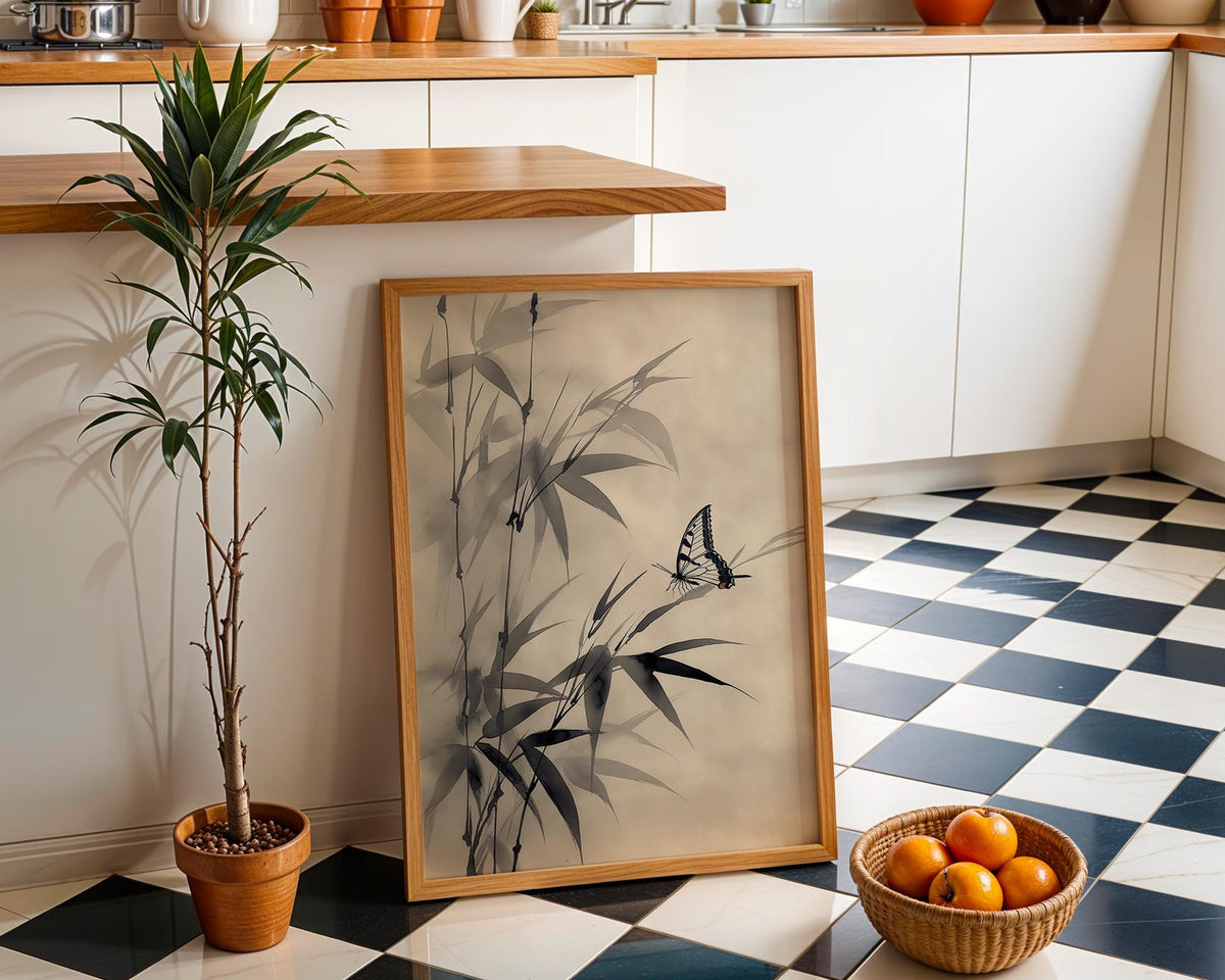 Sumi-e Butterfly Wall Art, Asian Ink Painting Print, Japandi Bamboo Décor, Japanese Ink Minimalist by The Wall Art Studio...