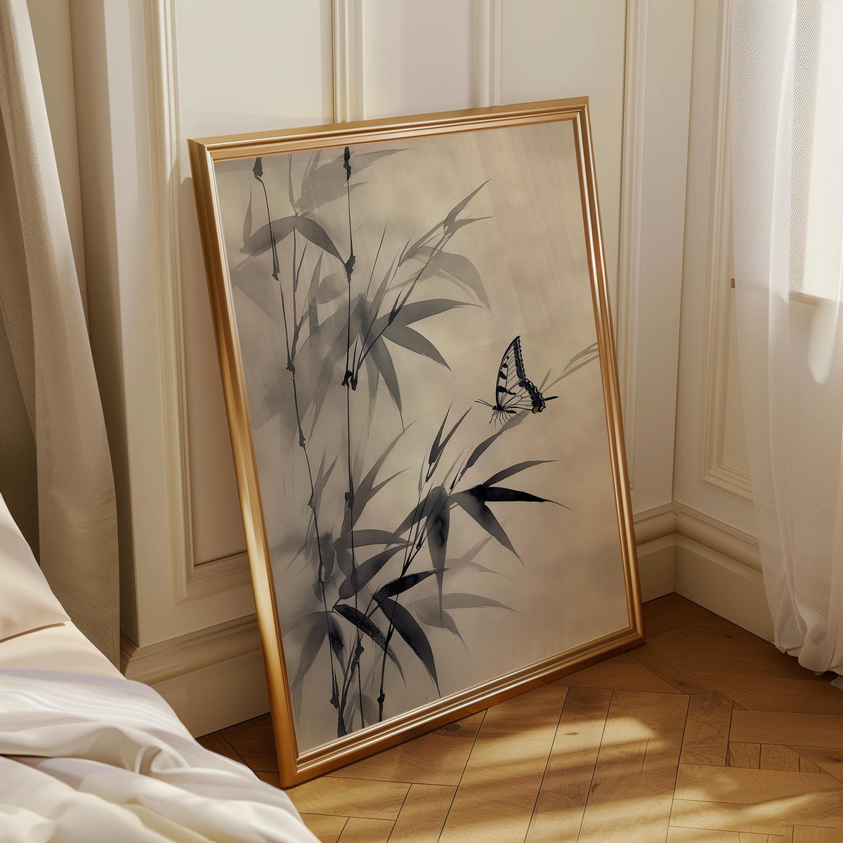 Sumi-e Butterfly Wall Art, Asian Ink Painting Print, Japandi Bamboo Décor, Japanese Ink Minimalist by The Wall Art Studio...