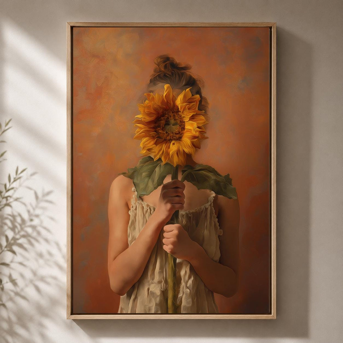 Sunflower Portrait Framed Canvas Wall Art, Moody Feminine Floral Painting, Boho Cottagecore Decor by The Wall Art Studio -...