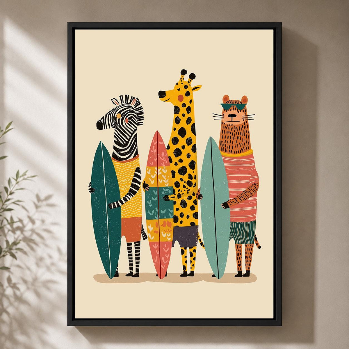 Surfing Animals framed Canvas Art, Zebra Giraffe Tiger Nursery Print, Jungle Beach Decor by The Wall Art Studio - physical