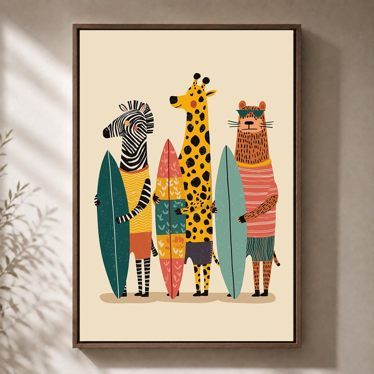 Surfing Animals framed Canvas Art, Zebra Giraffe Tiger Nursery Print, Jungle Beach Decor by The Wall Art Studio - physical