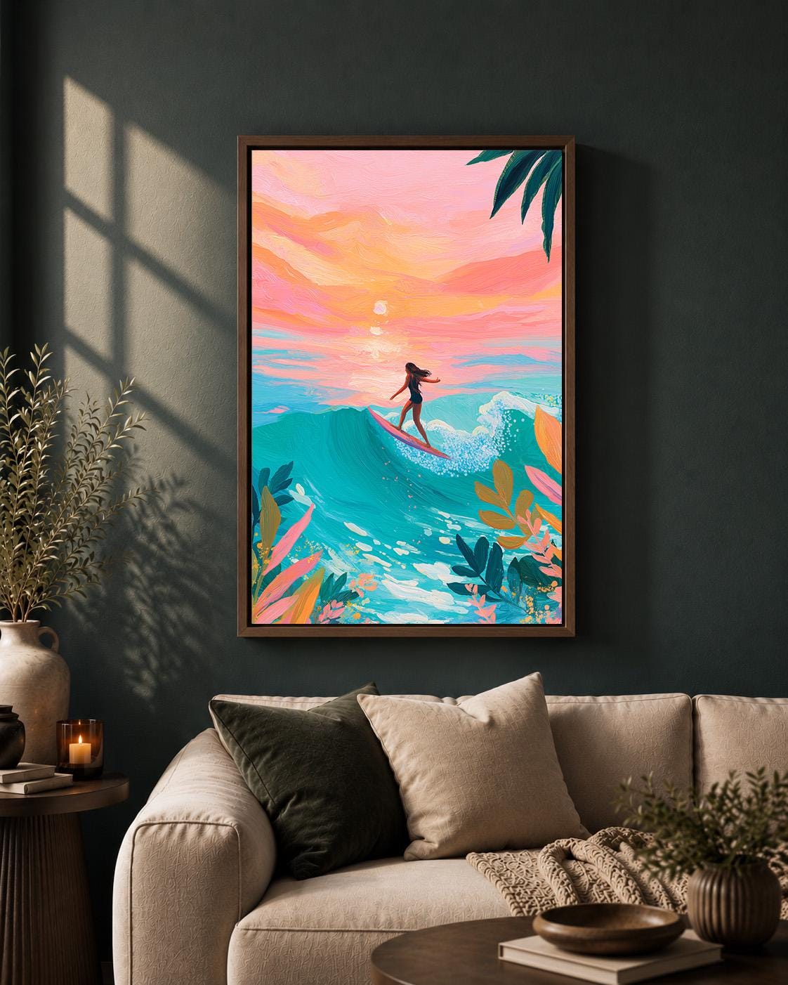 Surfing Sunset Framed Canvas Art, Tropical Beach Wall Decor, Ocean Wave Print, Boho Summer by The Wall Art Studio - physical