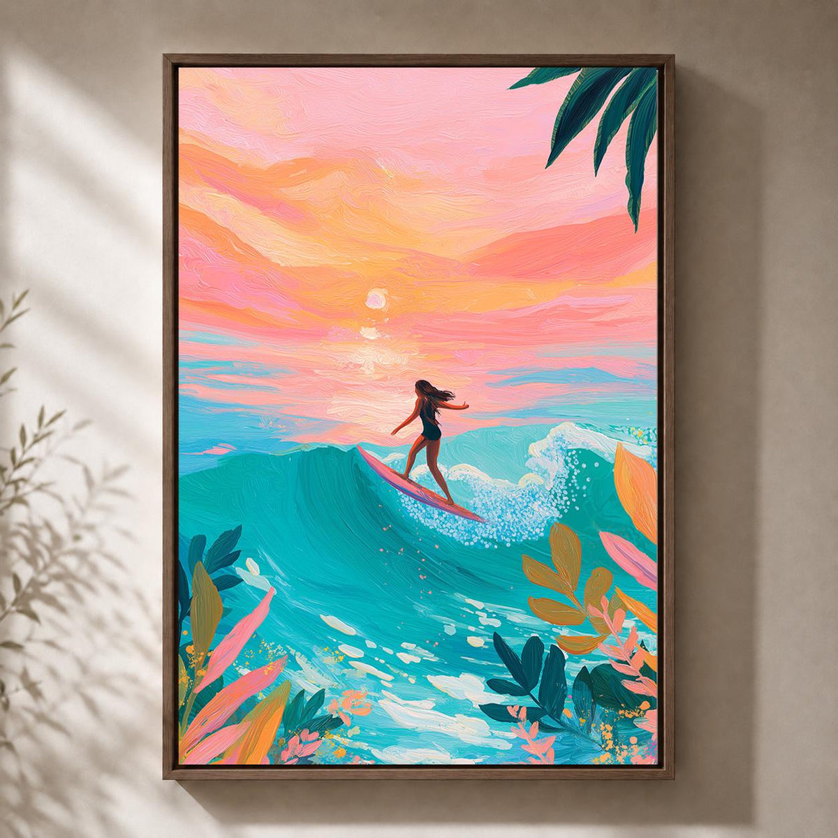 Surfing Sunset Framed Canvas Art, Tropical Beach Wall Decor, Ocean Wave Print, Boho Summer by The Wall Art Studio - physical