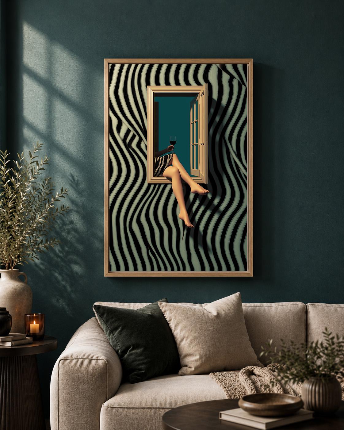 Surreal Zebra Stripe Woman Wine Framed Canvas Art, Modern Glam Moody Statement Piece by The Wall Art Studio - physical