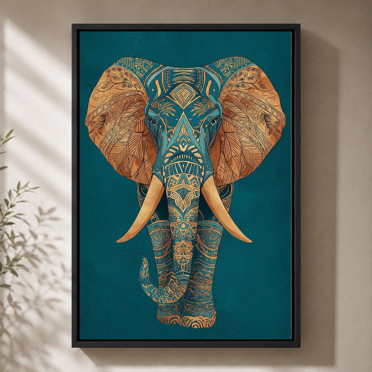 Teal Gold Elephant Framed Canvas Art, Boho Safari Maximalist Animal Artwork by The Wall Art Studio - physical