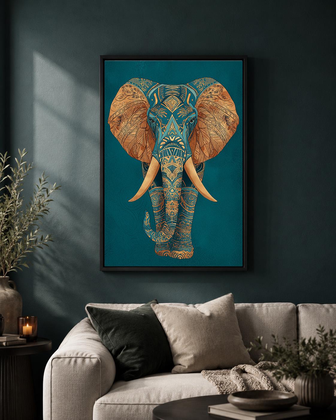 Teal Gold Elephant Framed Canvas Art, Boho Safari Maximalist Animal Artwork by The Wall Art Studio - physical