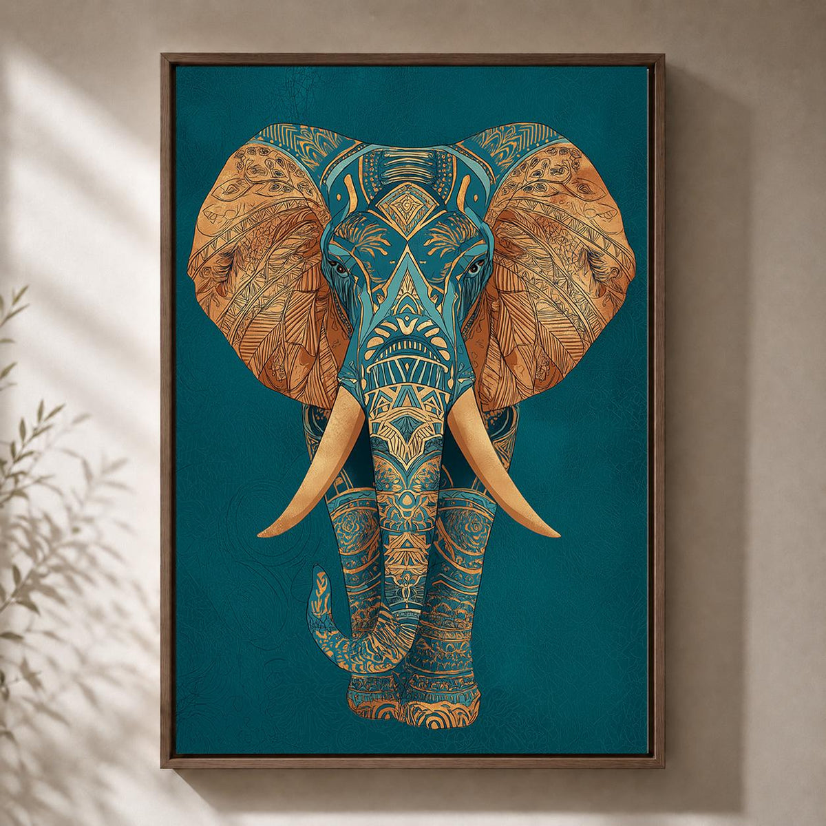 Teal Gold Elephant Framed Canvas Art, Boho Safari Maximalist Animal Artwork by The Wall Art Studio - physical