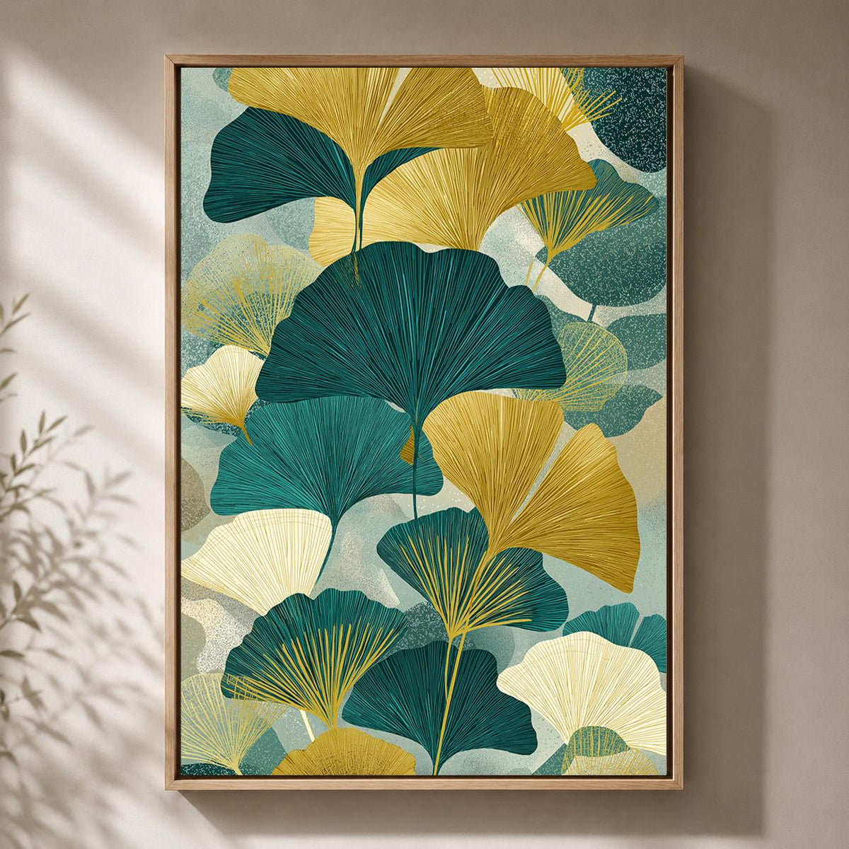 Teal Gold Ginkgo Leaf Framed Canvas, Japandi Botanical Print, Mid Century Scandinavian Nature Canvas by The Wall Art Studi...
