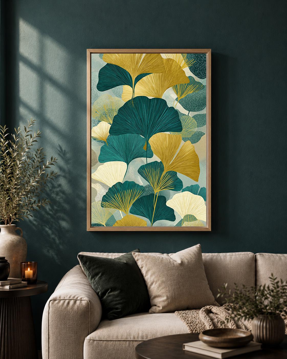 Teal Gold Ginkgo Leaf Framed Canvas, Japandi Botanical Print, Mid Century Scandinavian Nature Canvas by The Wall Art Studi...