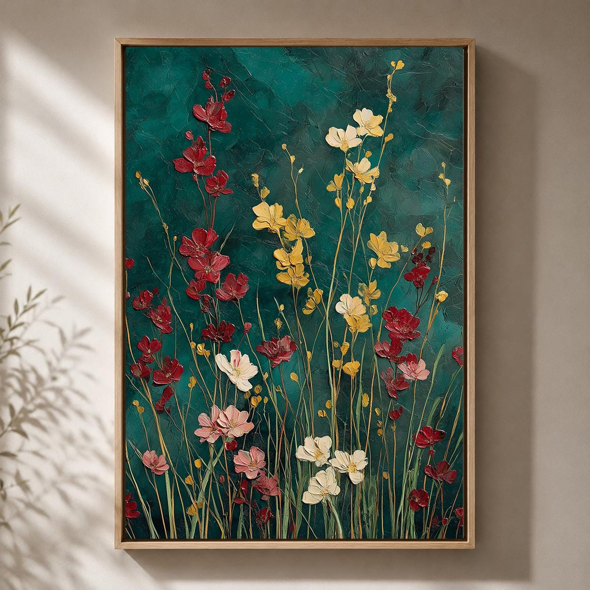 Teal Wildflower Framed Canvas Wall Art, Moody Floral Meadow Painting, Botanical Cottagecore Decor by The Wall Art Studio -...
