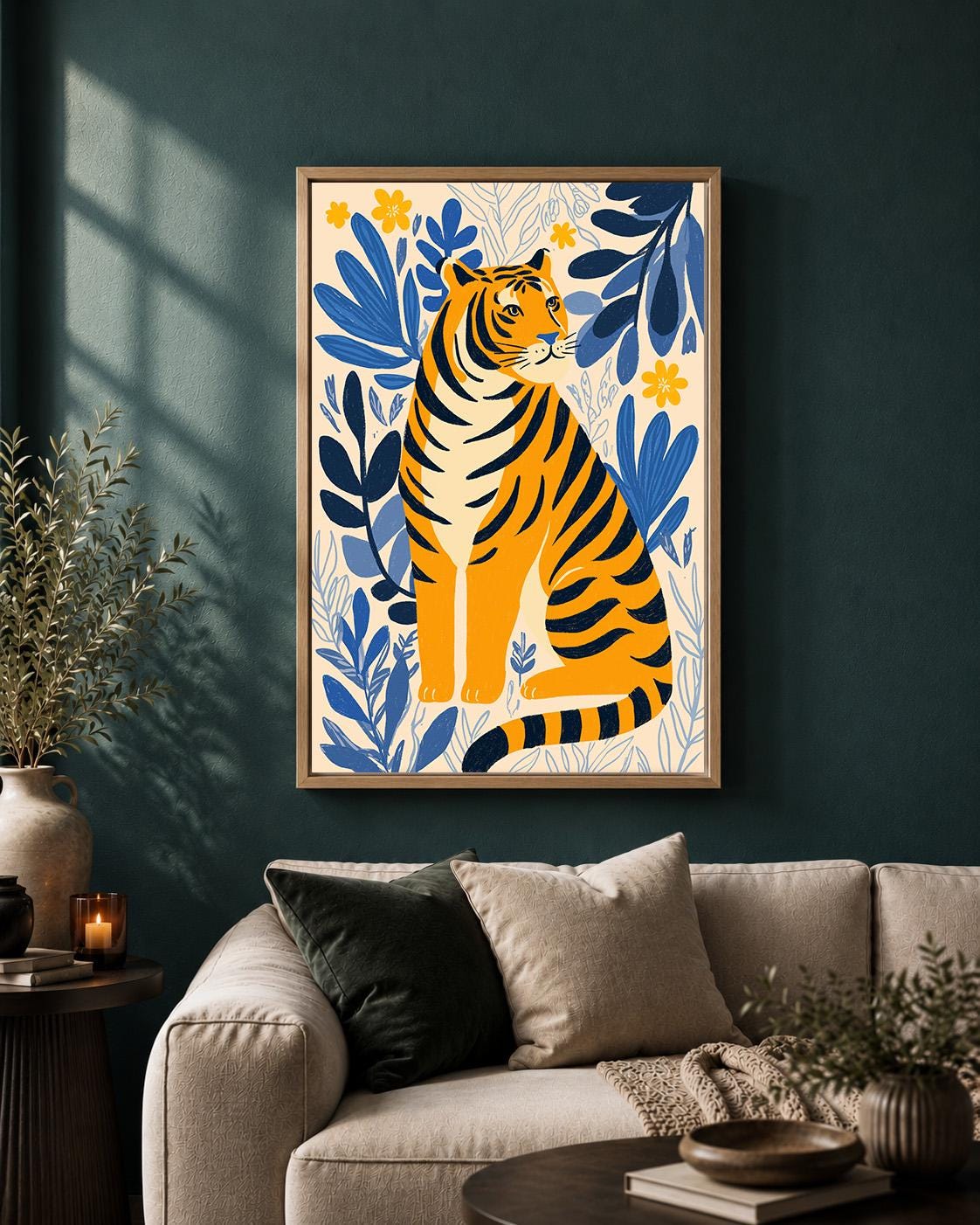 Tiger Folk Art Framed Canvas Print, Scandinavian Botanical Jungle Nursery Decor by The Wall Art Studio - physical