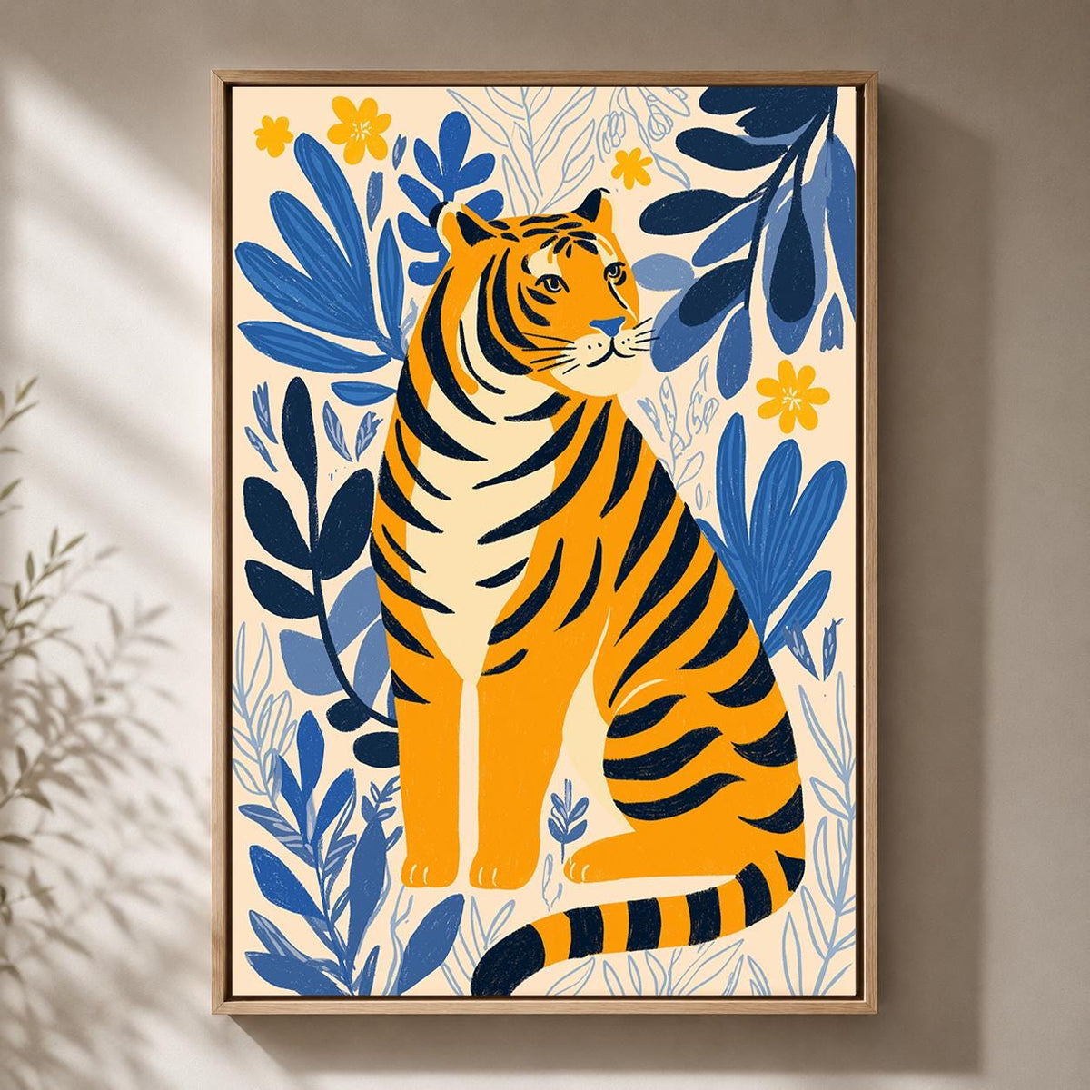 Tiger Folk Art Framed Canvas Print, Scandinavian Botanical Jungle Nursery Decor by The Wall Art Studio - physical