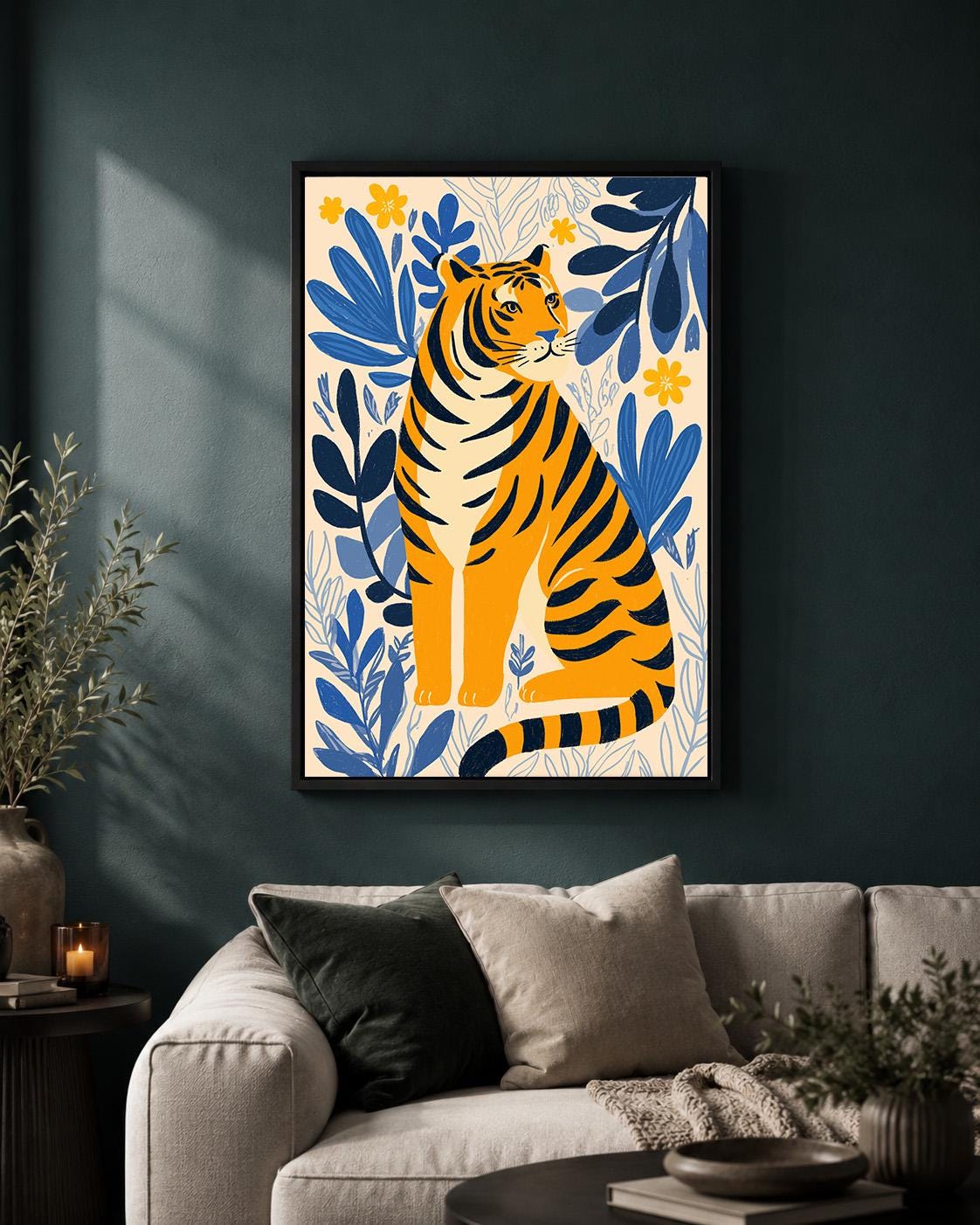 Tiger Folk Art Framed Canvas Print, Scandinavian Botanical Jungle Nursery Decor by The Wall Art Studio - physical