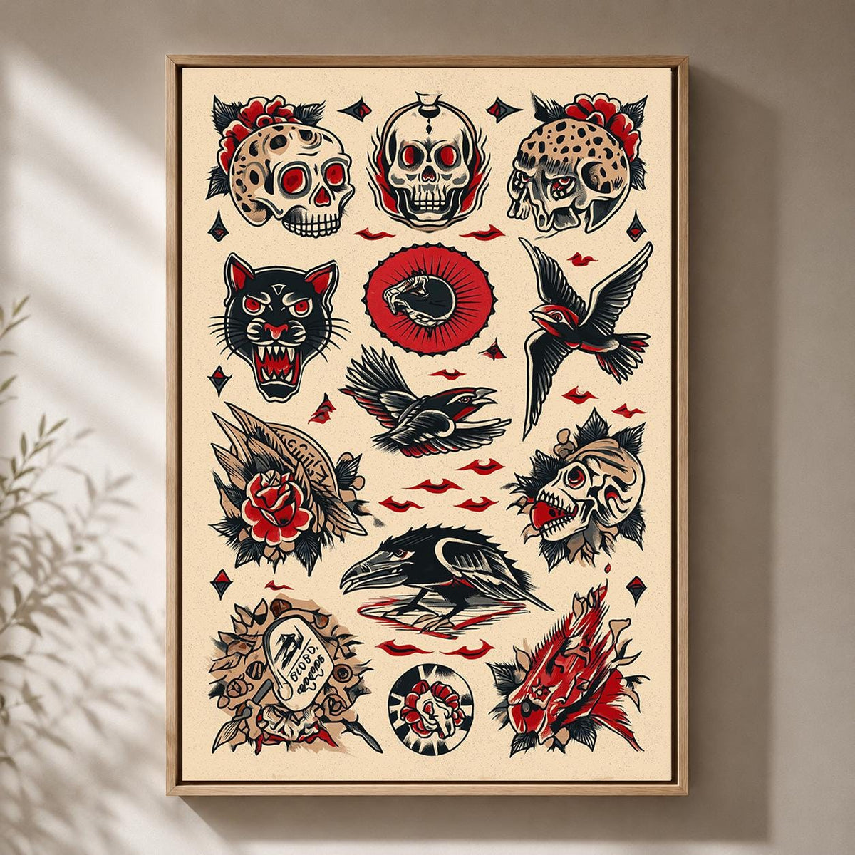 Traditional Tattoo Flash Framed Canvas Art, Skull Raven Panther Print, Old School Decor by The Wall Art Studio - physical