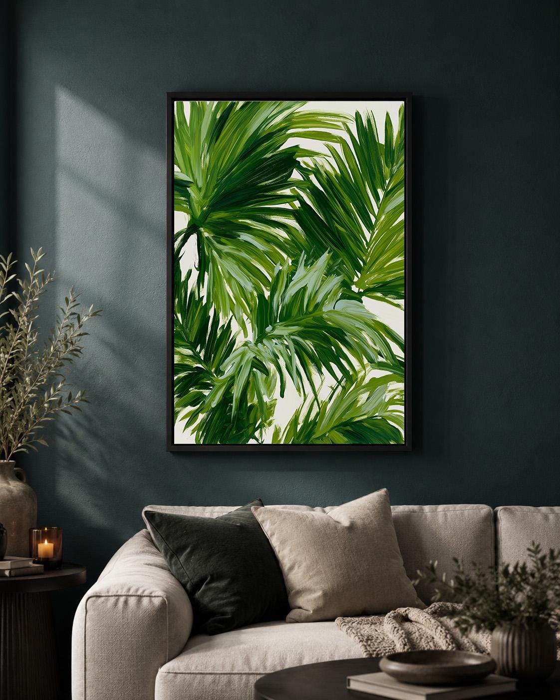 Tropical Palm Leaf Framed Canvas Wall Art, Botanical Framed Canvas, Green Jungle Canvas Wall Art for Modern Home Decor by...