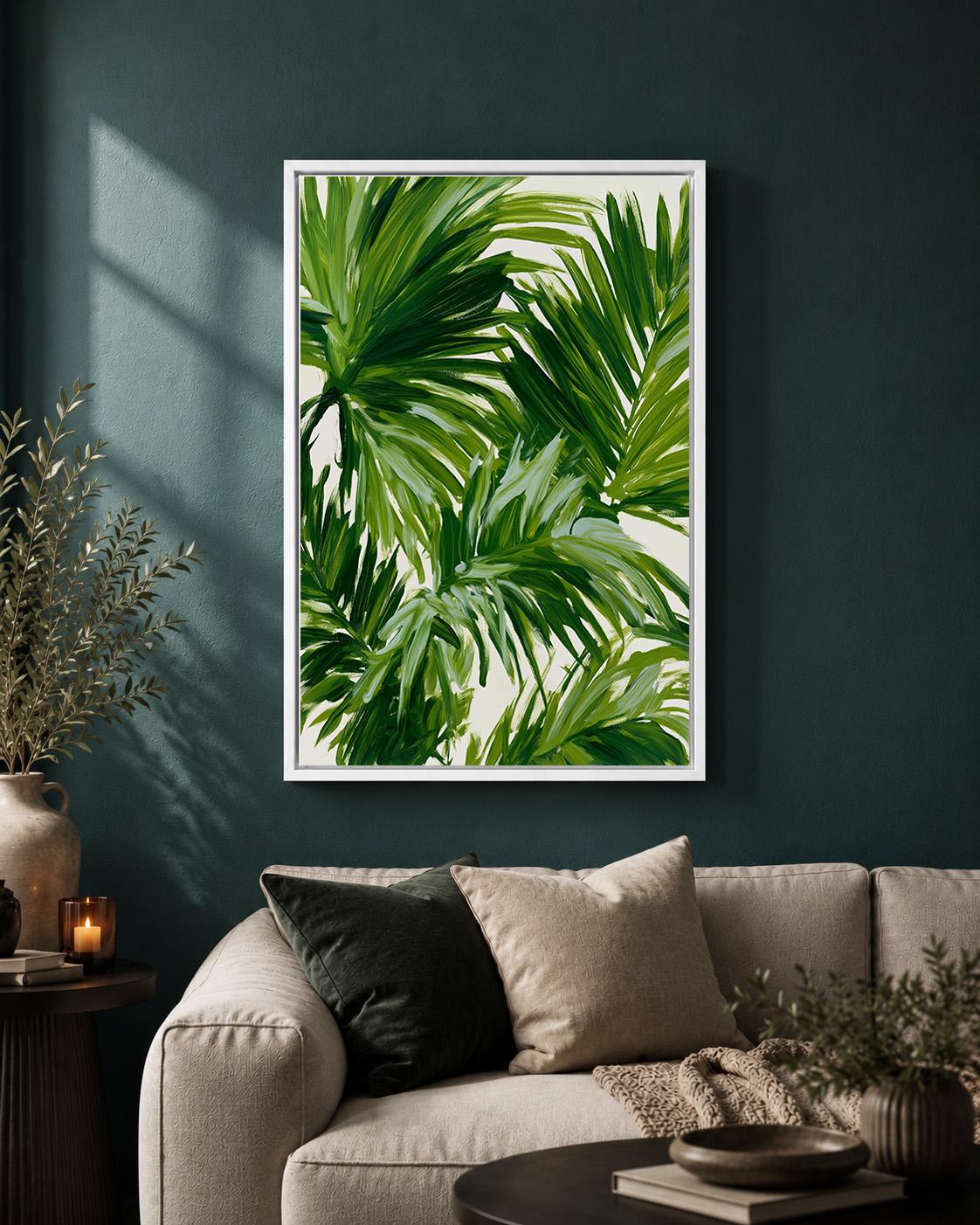 Tropical Palm Leaf Framed Canvas Wall Art, Botanical Framed Canvas, Green Jungle Canvas Wall Art for Modern Home Decor by...
