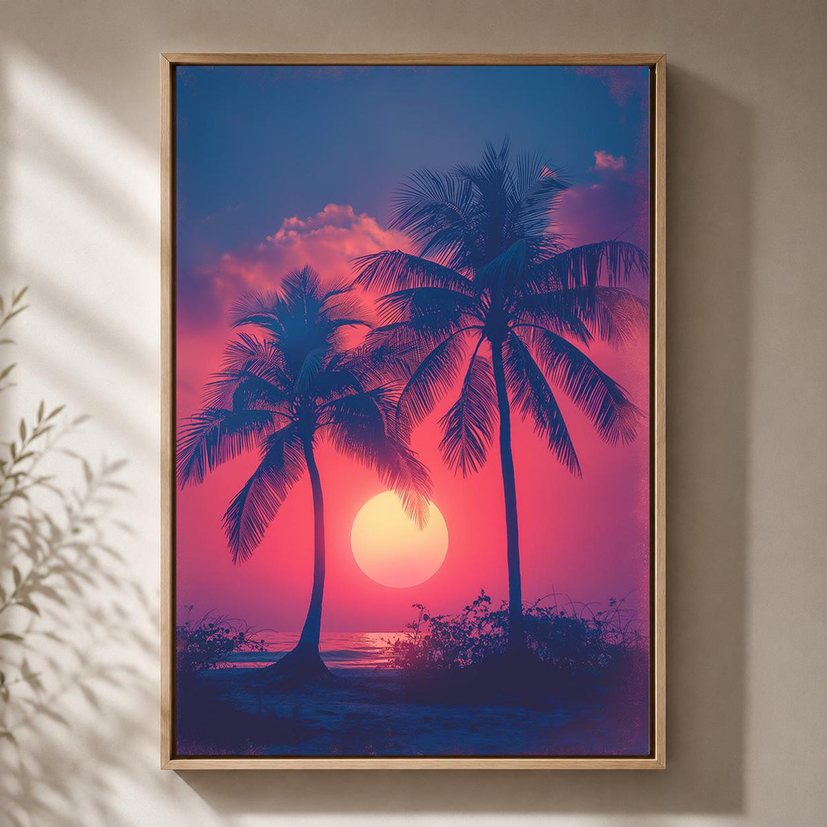 Tropical Sunset Framed Canvas, Palm Tree Wall Art, Vaporwave Beach Canvas, Retro Summer Decor, Pink Purple Coastal Art by...