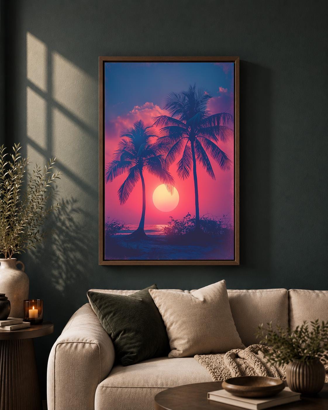 Tropical Sunset Framed Canvas, Palm Tree Wall Art, Vaporwave Beach Canvas, Retro Summer Decor, Pink Purple Coastal Art by...