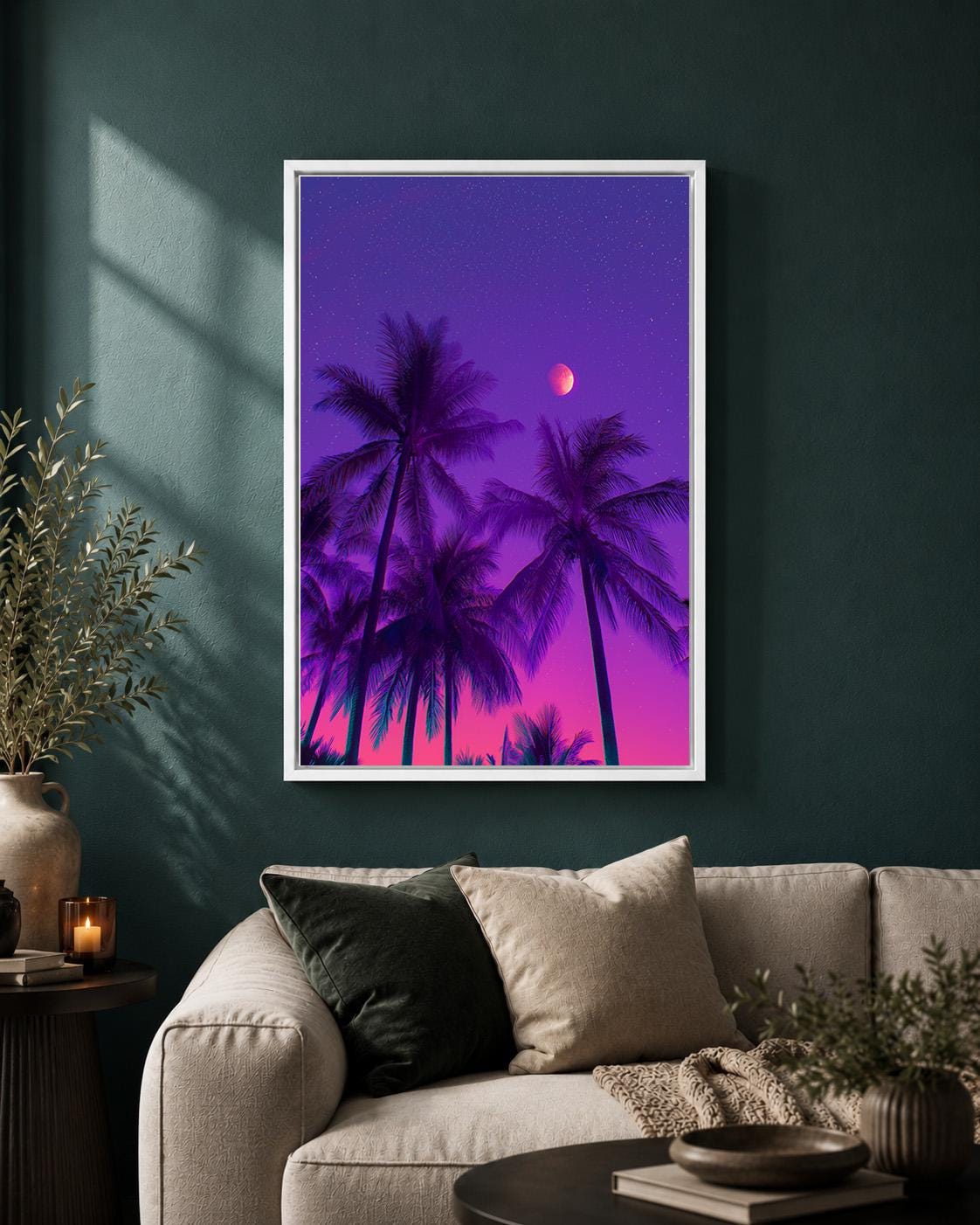 Vaporwave Palm Tree Framed Canvas Art, Neon Tropical Sunset Print, Retro Synthwave Decor by The Wall Art Studio - physical