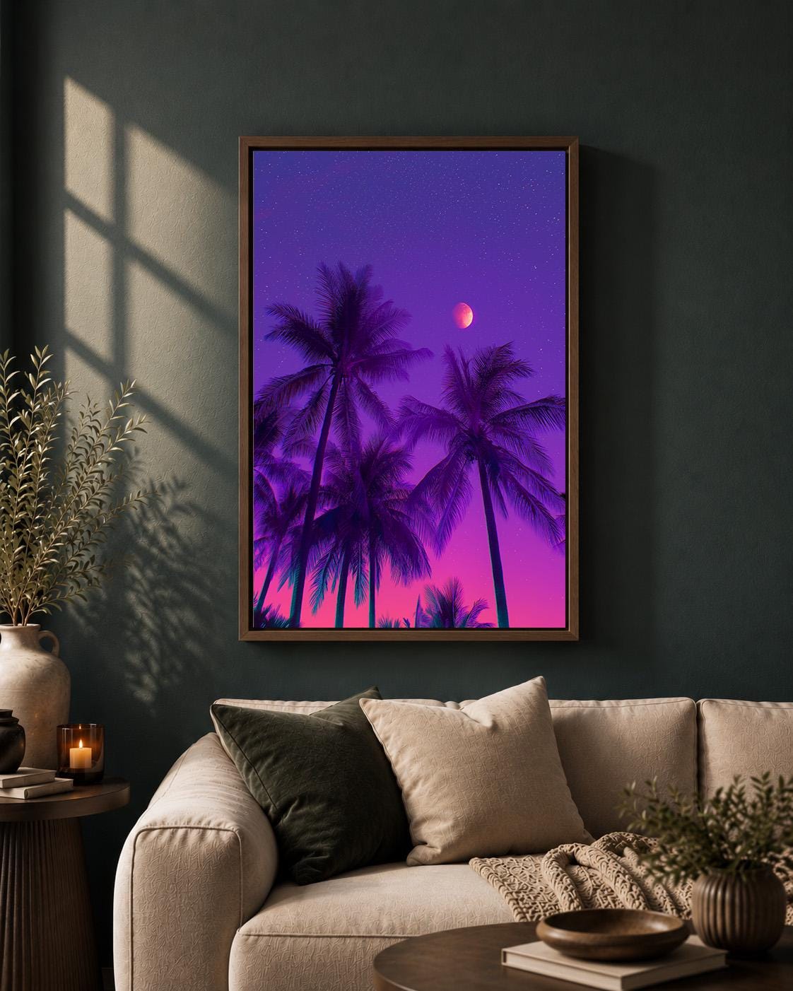 Vaporwave Palm Tree Framed Canvas Art, Neon Tropical Sunset Print, Retro Synthwave Decor by The Wall Art Studio - physical