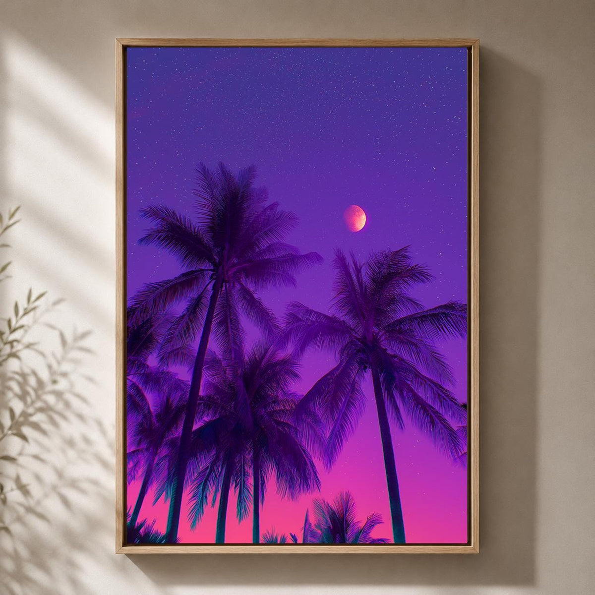 Vaporwave Palm Tree Framed Canvas Art, Neon Tropical Sunset Print, Retro Synthwave Decor by The Wall Art Studio - physical