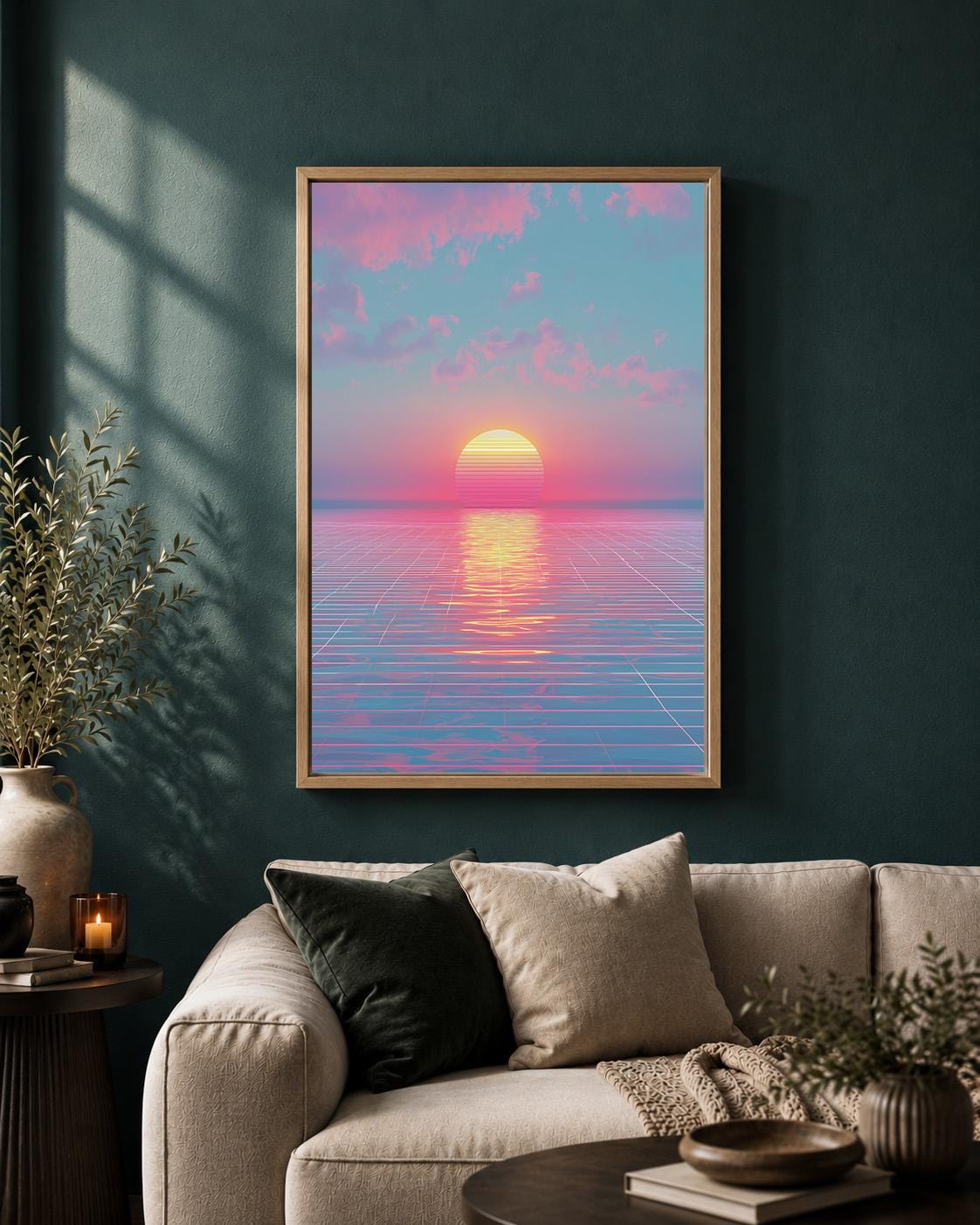 Vaporwave Sunset Framed Canvas Art, Synthwave Ocean Print, Retro Neon Landscape, 80s Decor by The Wall Art Studio - physical